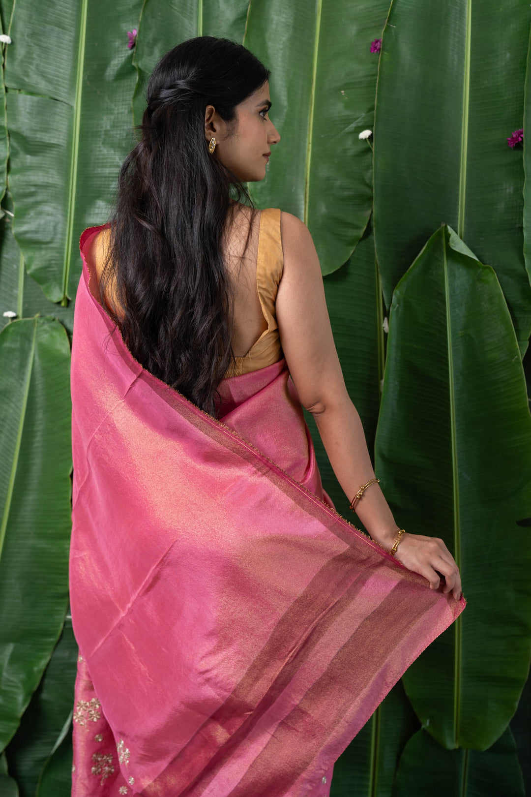 Pink Blossom Zari Embroidered Tissue Saree