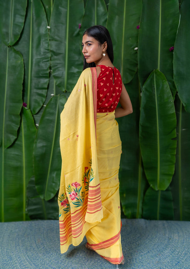 Blooming Yellow Embroidered Mulmul Cotton Saree