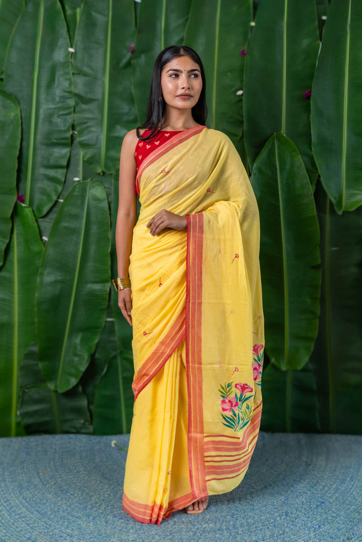 Blooming Yellow Embroidered Mulmul Cotton Saree