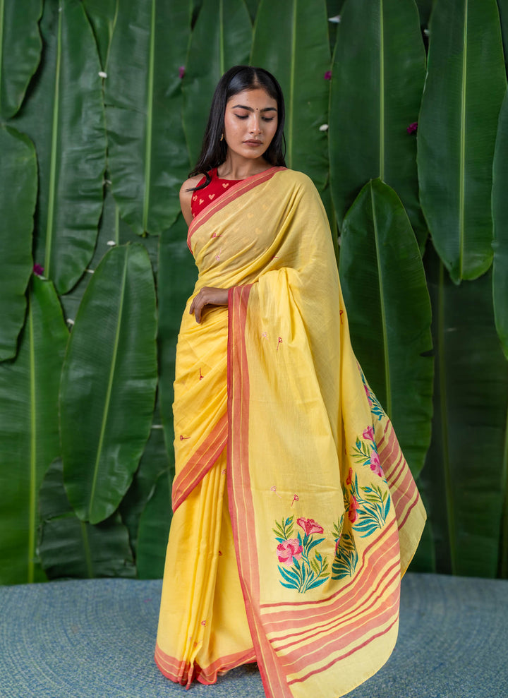 Blooming Yellow Embroidered Mulmul Cotton Saree