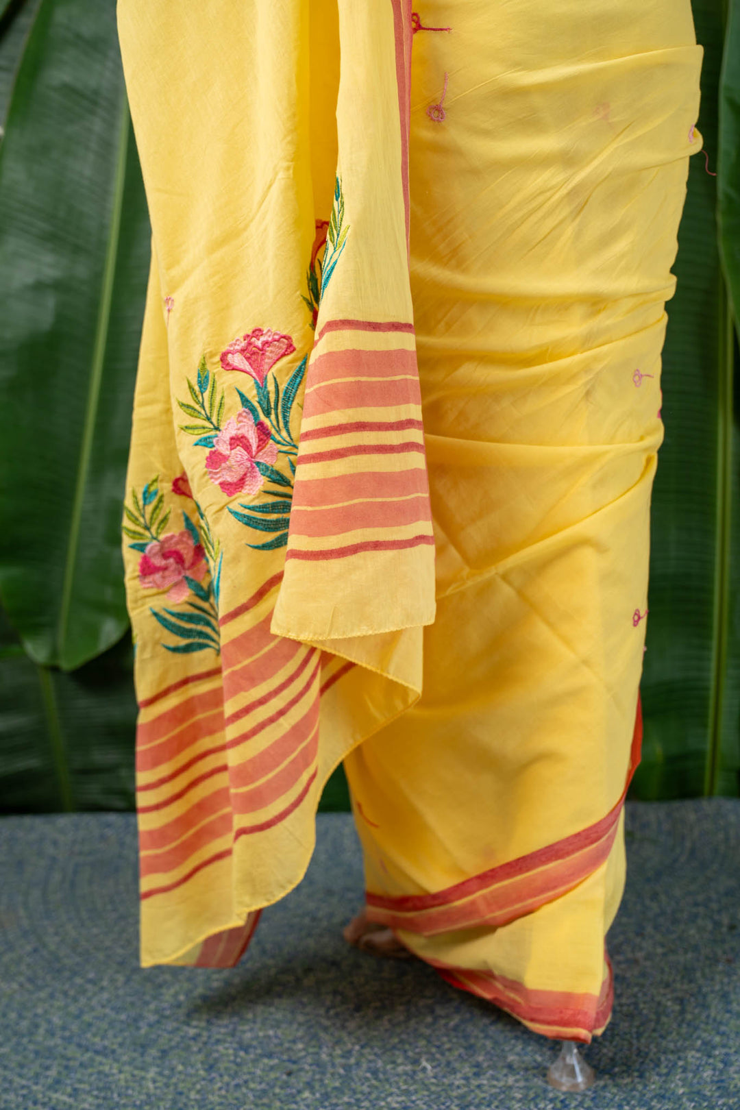 Blooming Yellow Embroidered Mulmul Cotton Saree