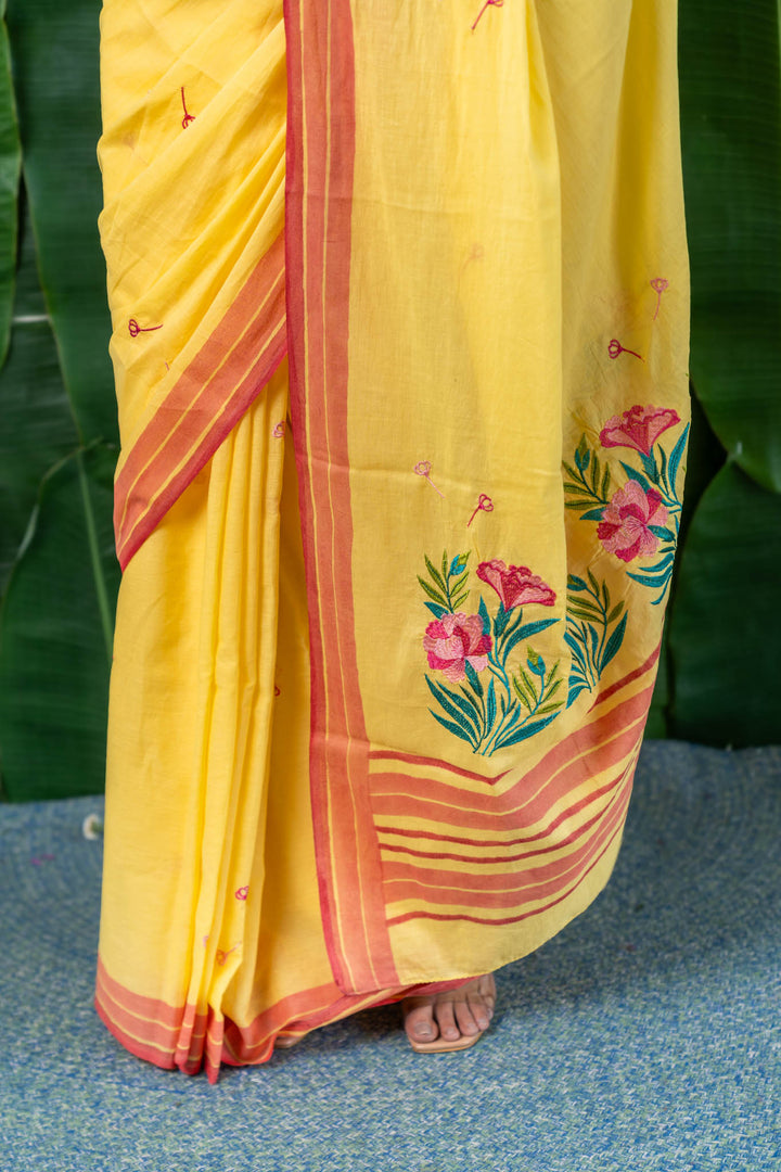 Blooming Yellow Embroidered Mulmul Cotton Saree