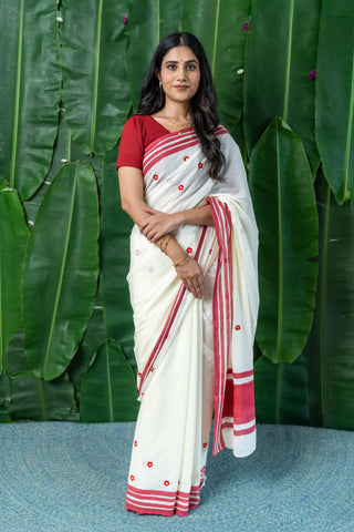 Red Blooms Embroidered Mulmul Cotton Saree