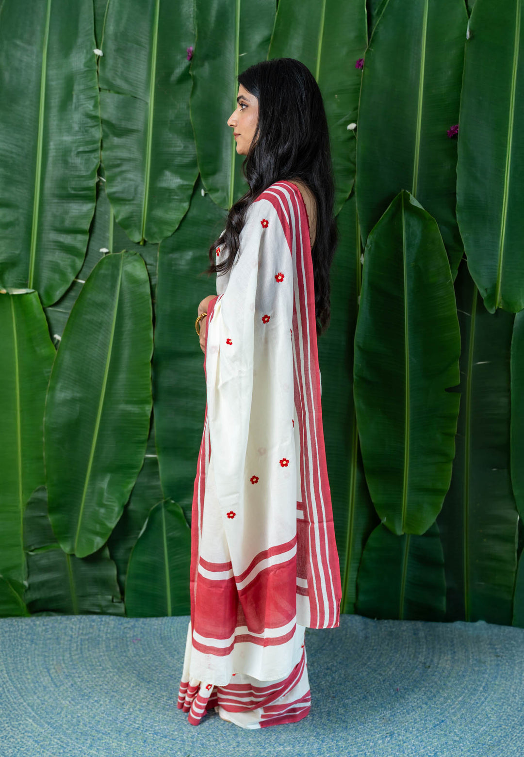 Red Blooms Embroidered Mulmul Cotton Saree