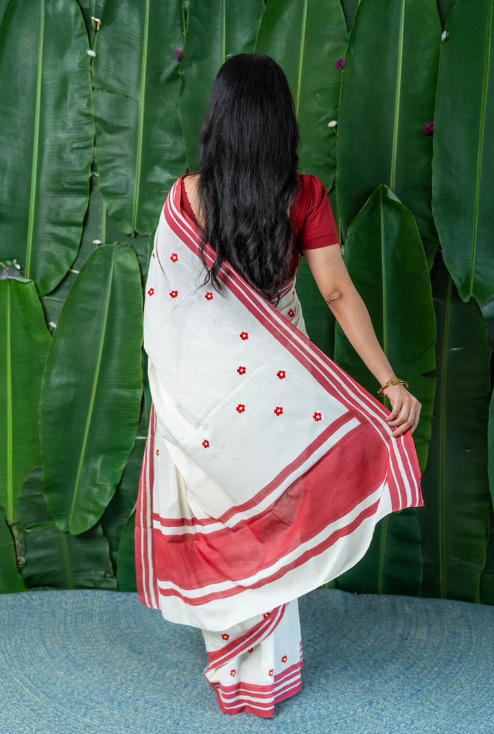 Red Blooms Embroidered Mulmul Cotton Saree