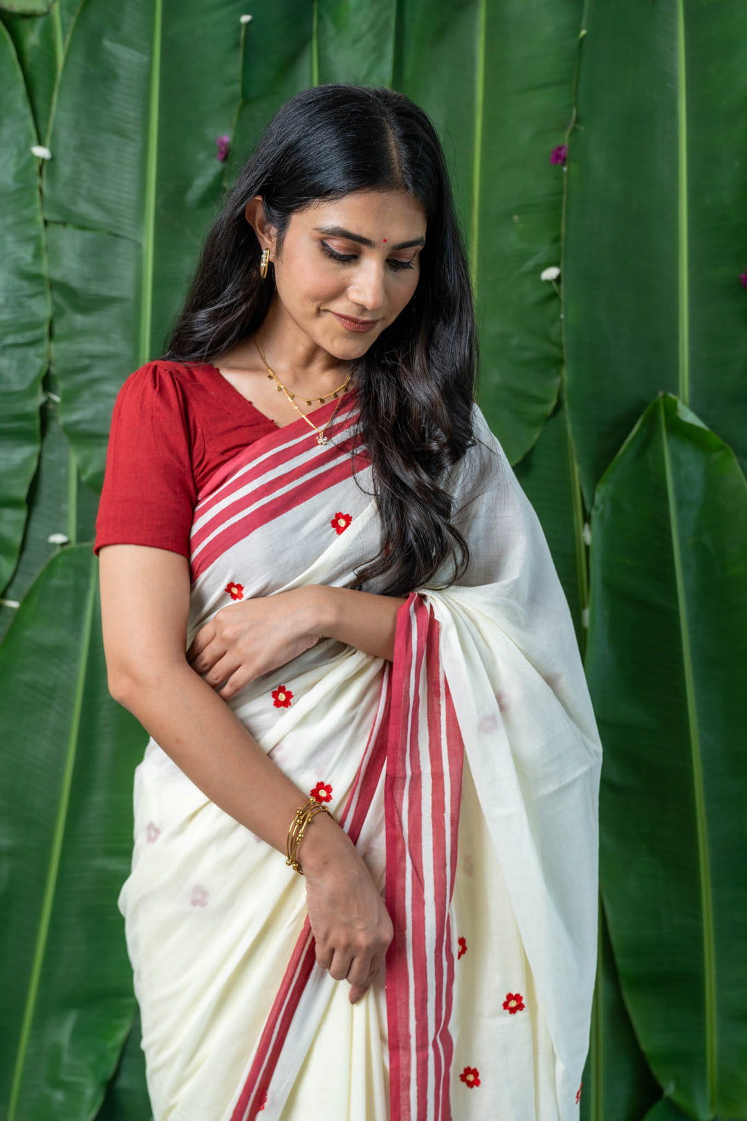 Red Blooms Embroidered Mulmul Cotton Saree