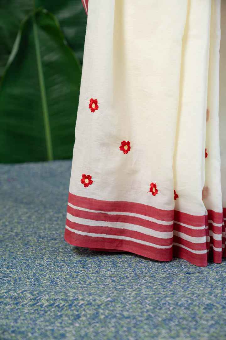 Red Blooms Embroidered Mulmul Cotton Saree