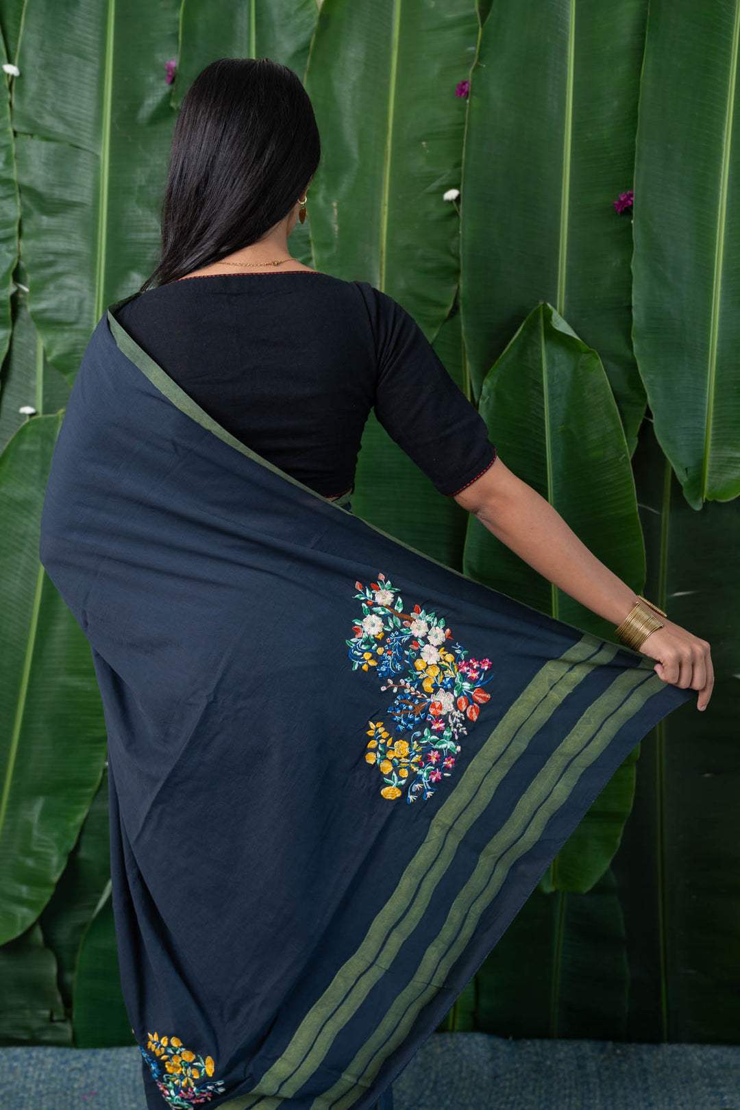 Blooming Grey Embroidered Mulmul Cotton Saree
