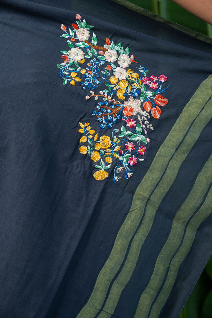 Blooming Grey Embroidered Mulmul Cotton Saree