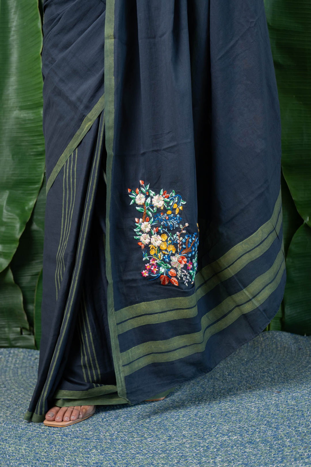 Blooming Grey Embroidered Mulmul Cotton Saree