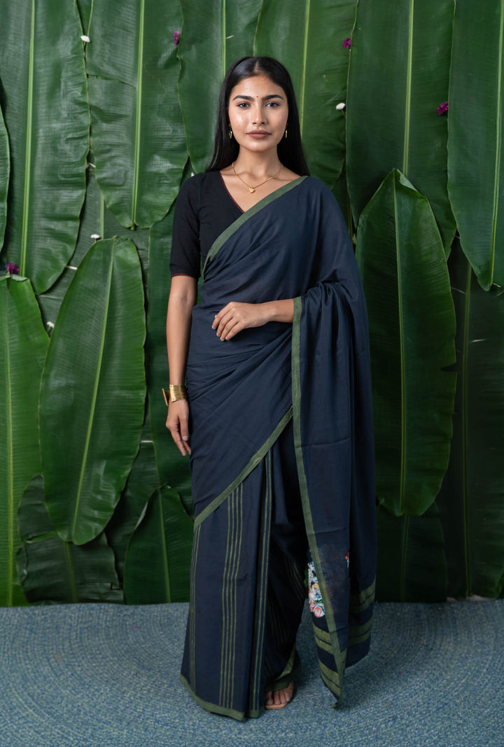Blooming Grey Embroidered Mulmul Cotton Saree