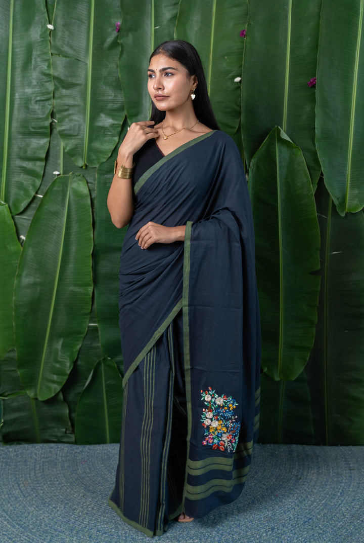 Blooming Grey Embroidered Mulmul Cotton Saree