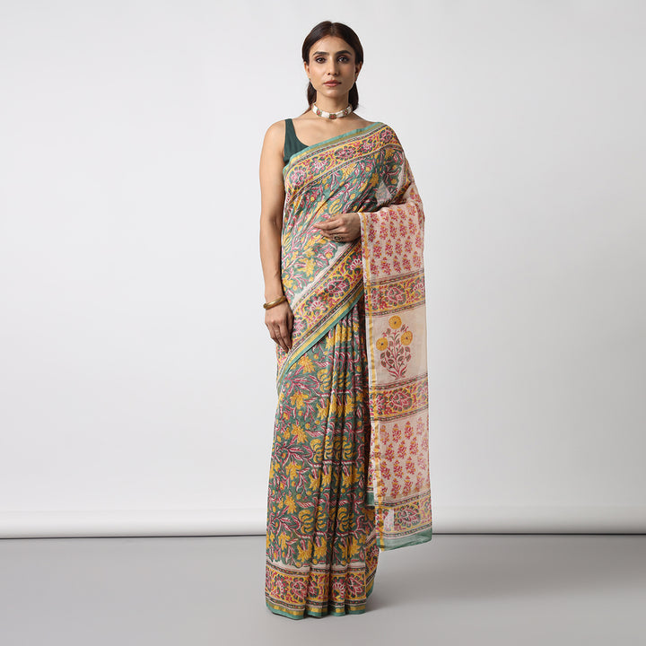 Garden of Secrets - Hand Block Print Chanderi Silk Saree