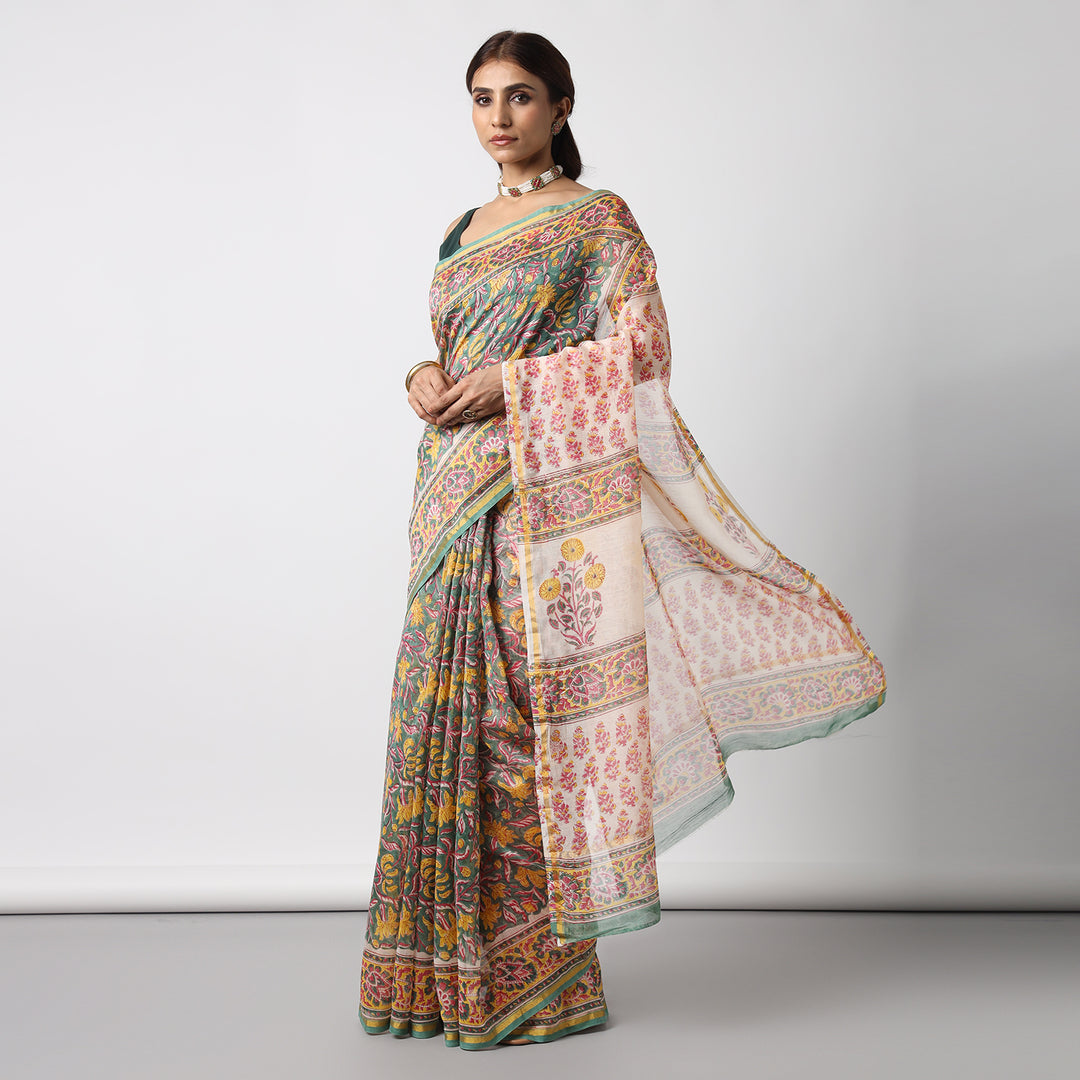 Garden of Secrets - Hand Block Print Chanderi Silk Saree