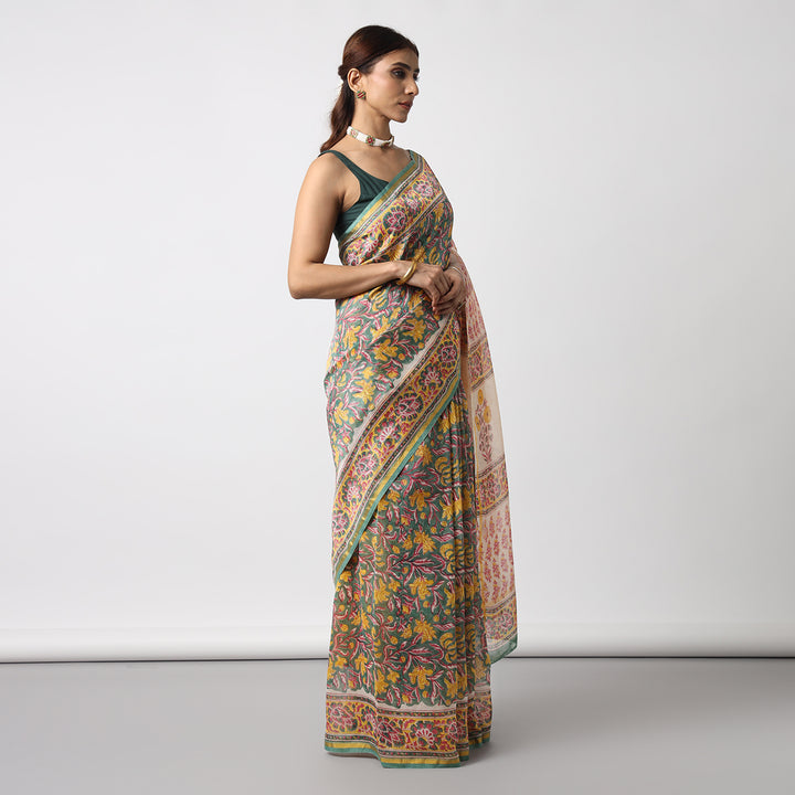 Garden of Secrets - Hand Block Print Chanderi Silk Saree