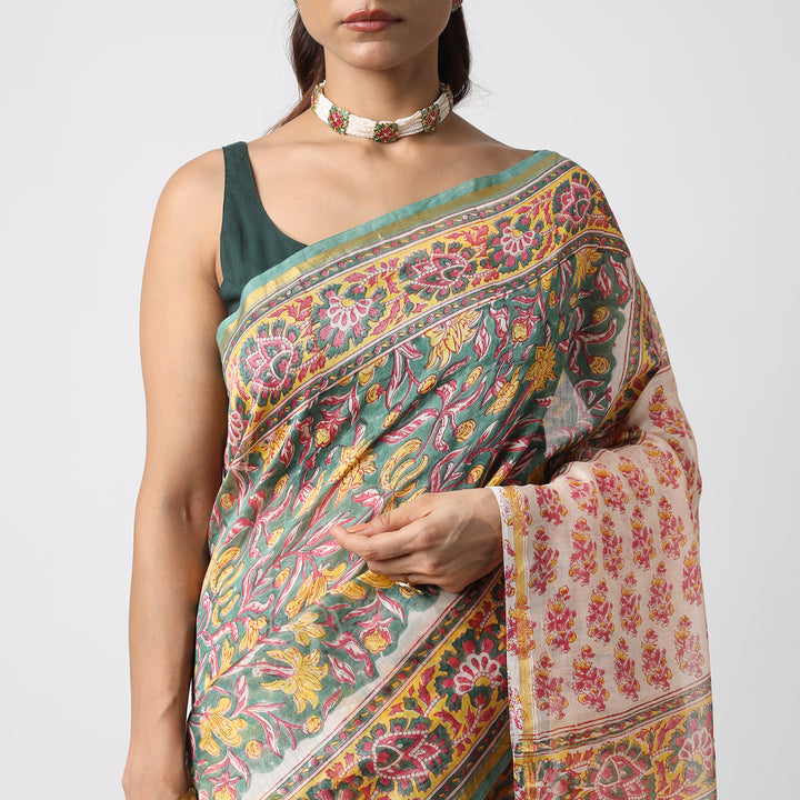 Garden of Secrets - Hand Block Print Chanderi Silk Saree