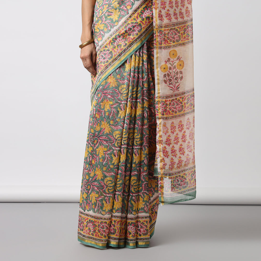 Garden of Secrets - Hand Block Print Chanderi Silk Saree