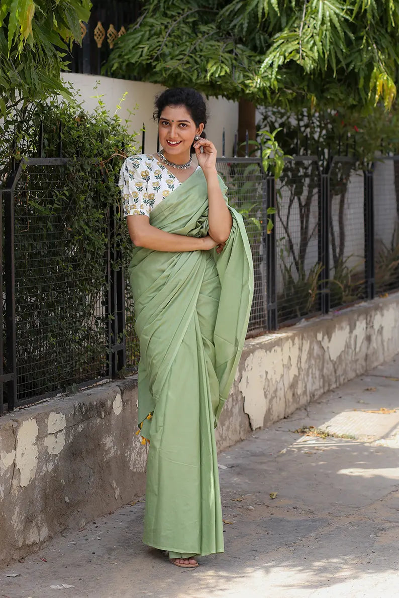 Fern Green - Mulmul Cotton Saree with Tassels