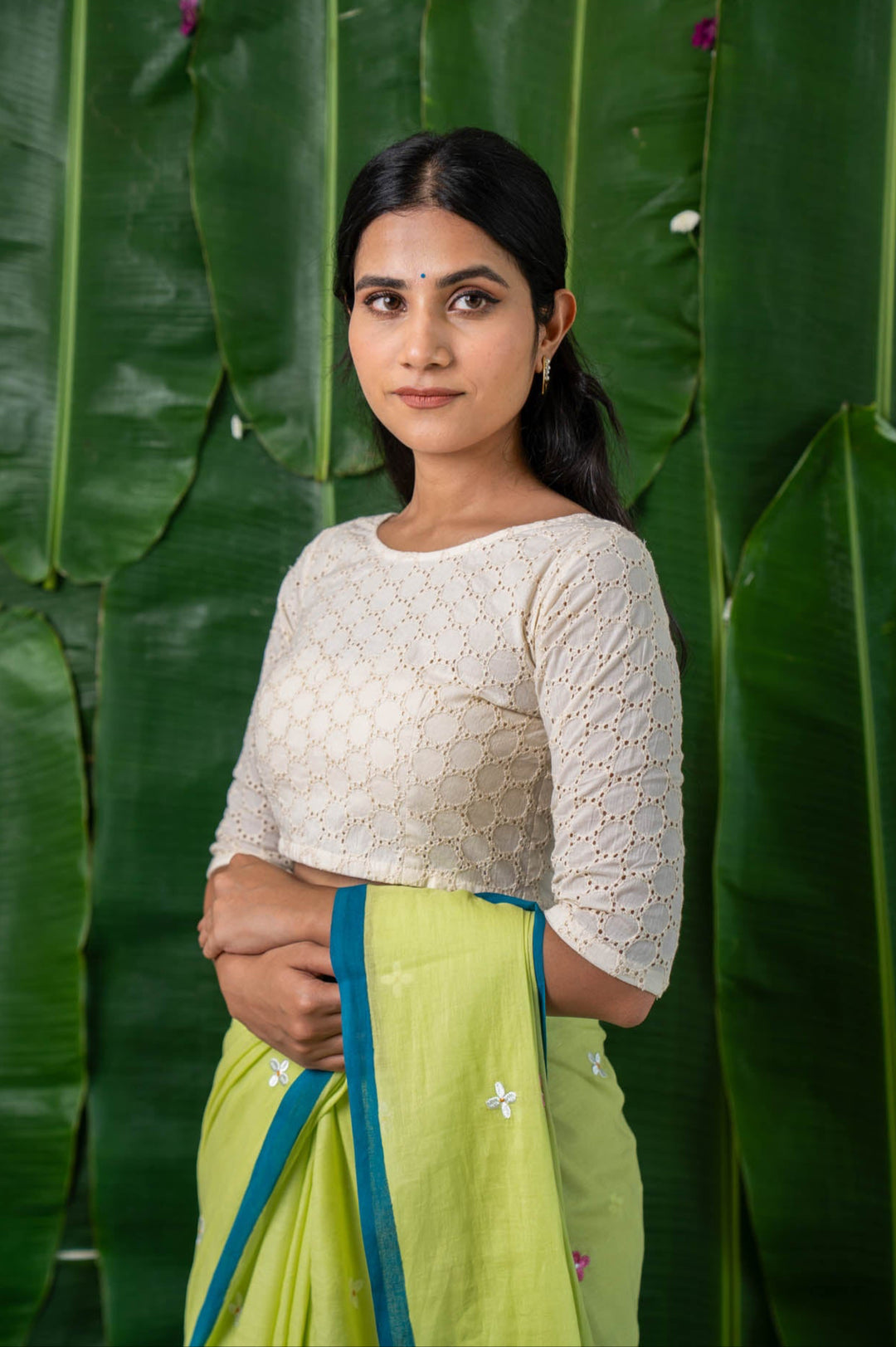 Amaira – White Eyelet Cotton Schifli Blouse with Back Buttons