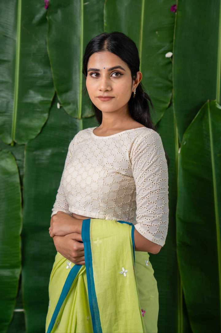Amaira – White Eyelet Cotton Schifli Blouse with Back Buttons