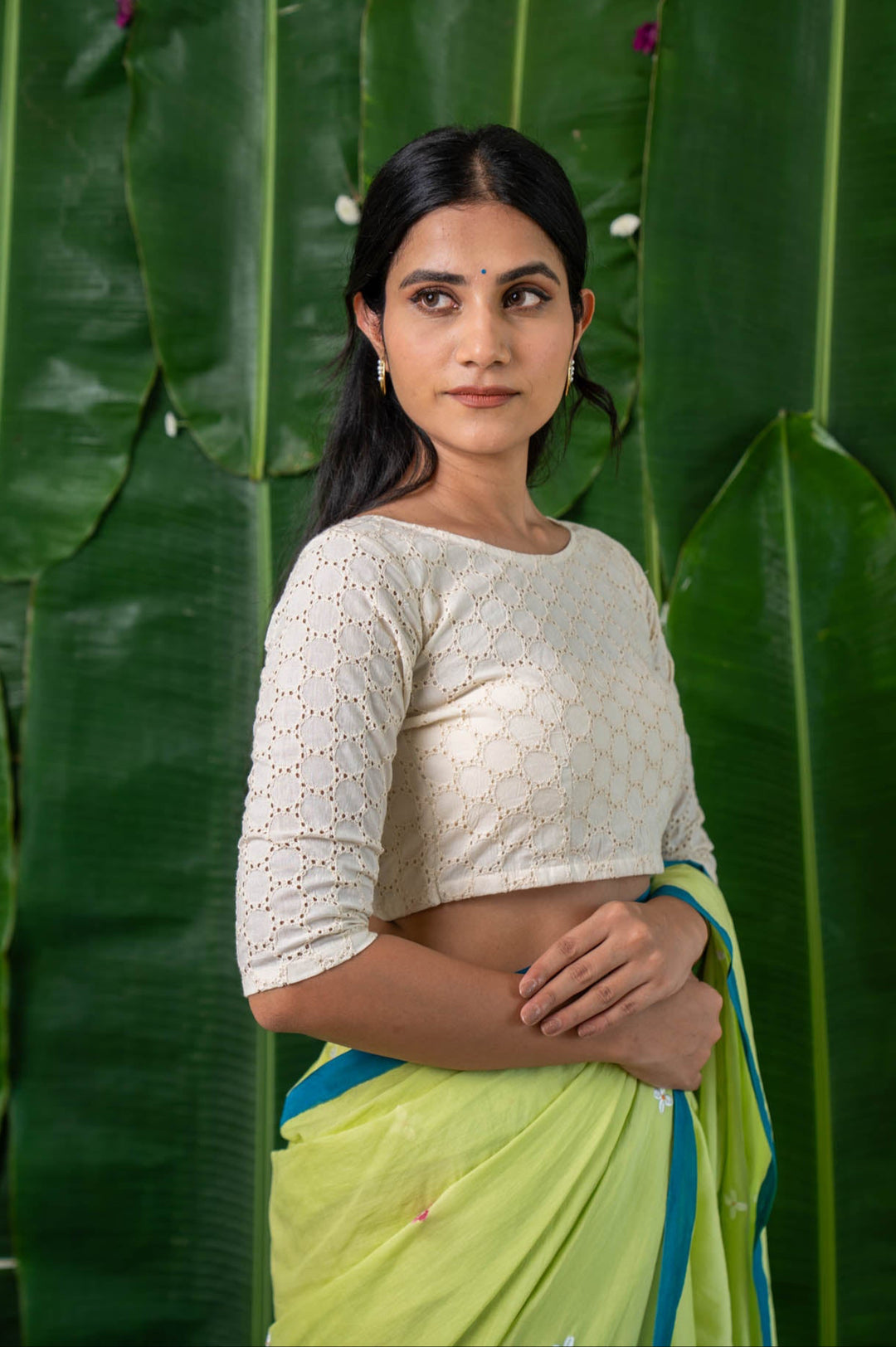 Amaira – White Eyelet Cotton Schifli Blouse with Back Buttons
