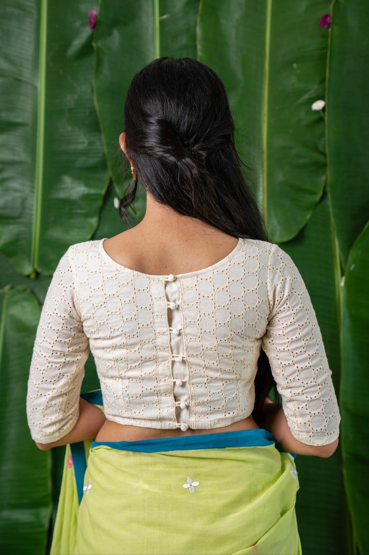 Amaira – White Eyelet Cotton Schifli Blouse with Back Buttons