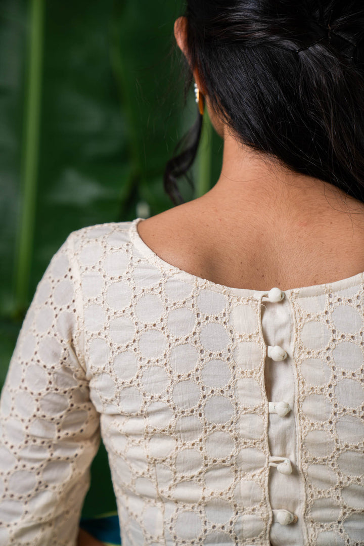 Amaira – White Eyelet Cotton Schifli Blouse with Back Buttons