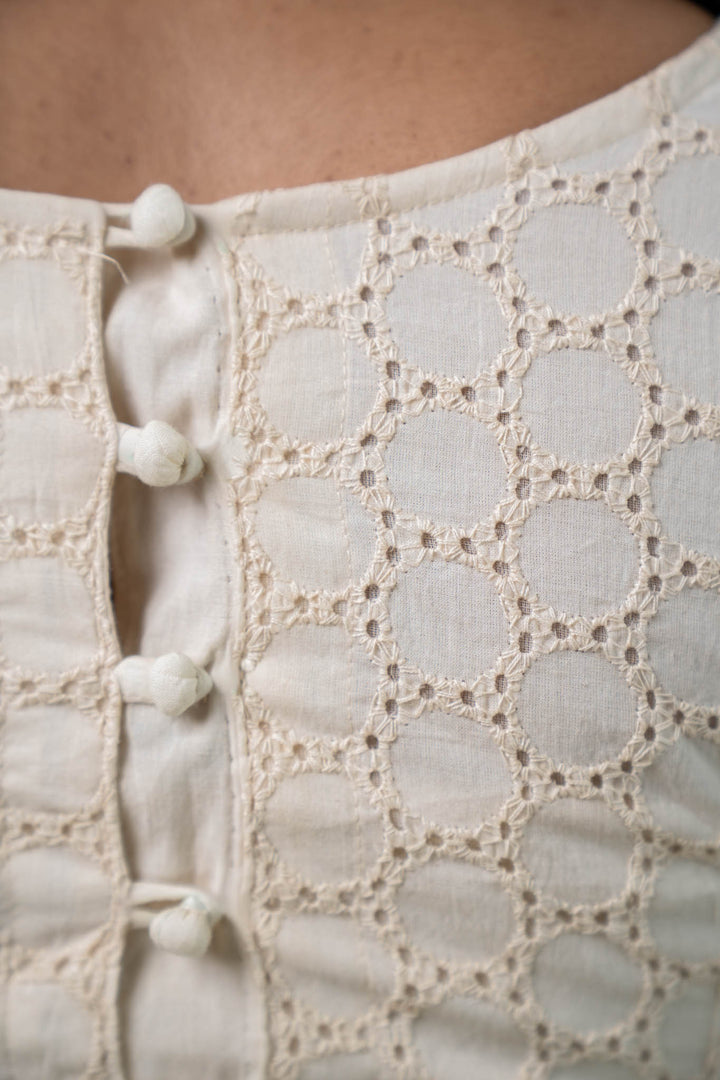 Amaira – White Eyelet Cotton Schifli Blouse with Back Buttons