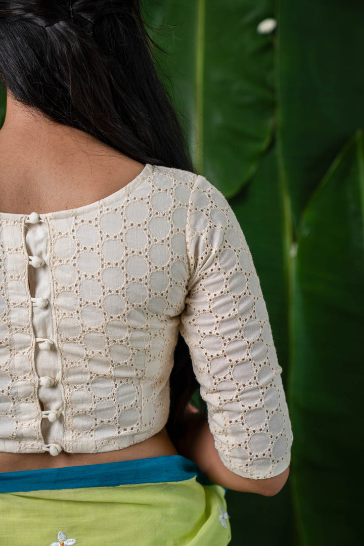 Amaira – White Eyelet Cotton Schifli Blouse with Back Buttons