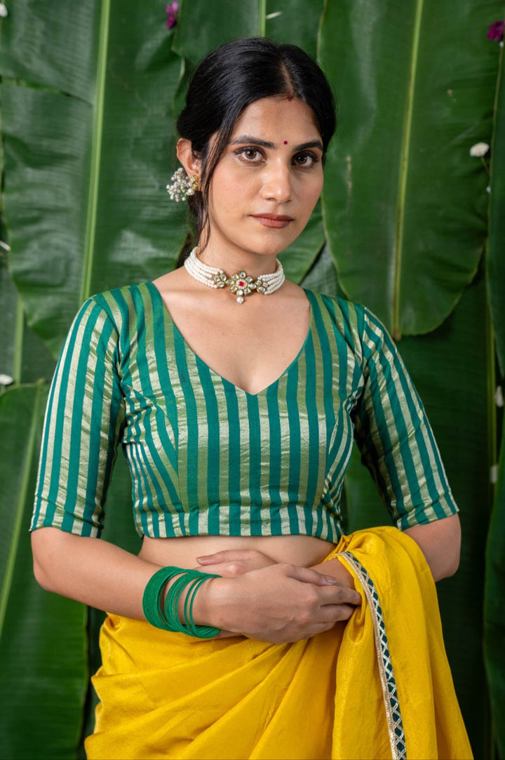 Ishya - Green Chanderi Striped Elbow Sleeve Blouse with V neck