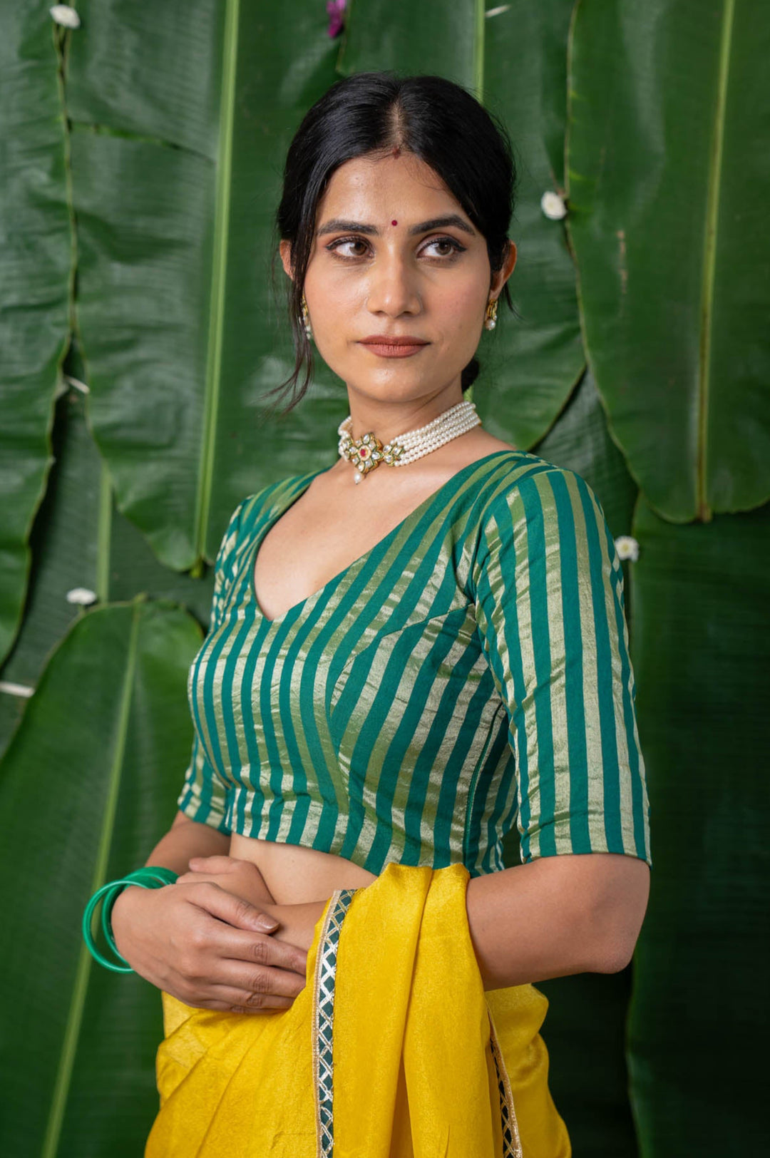 Ishya - Green Chanderi Striped Elbow Sleeve Blouse with V neck