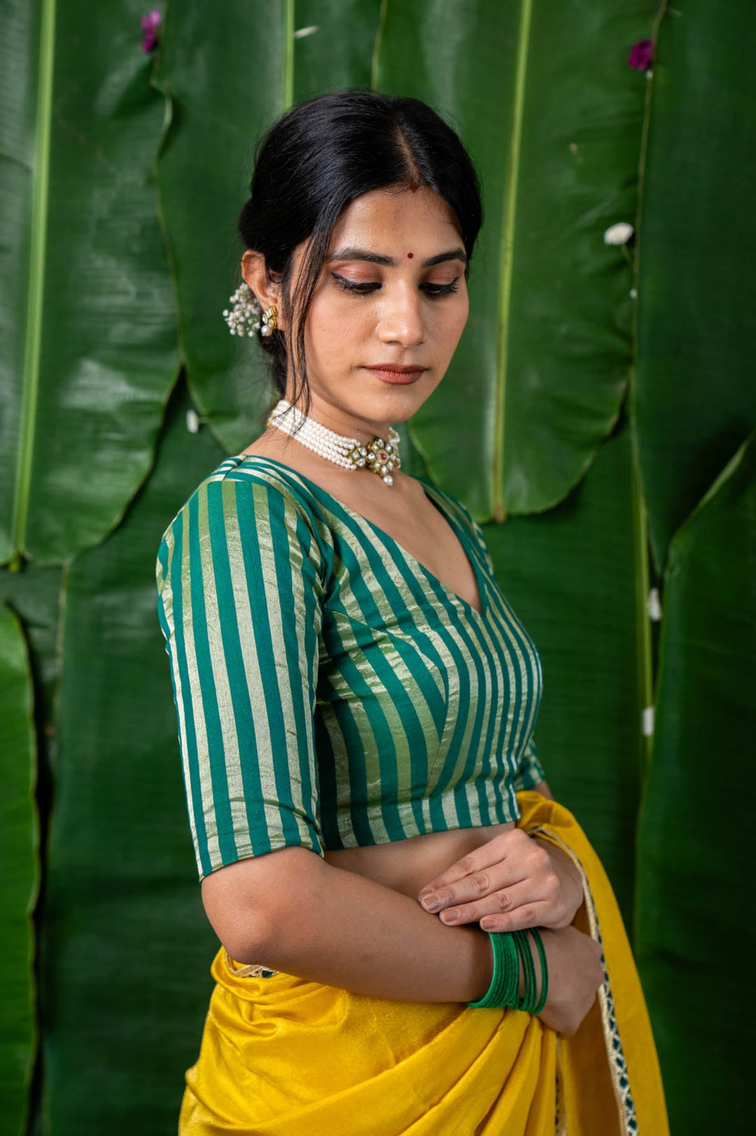 Ishya - Green Chanderi Striped Elbow Sleeve Blouse with V neck