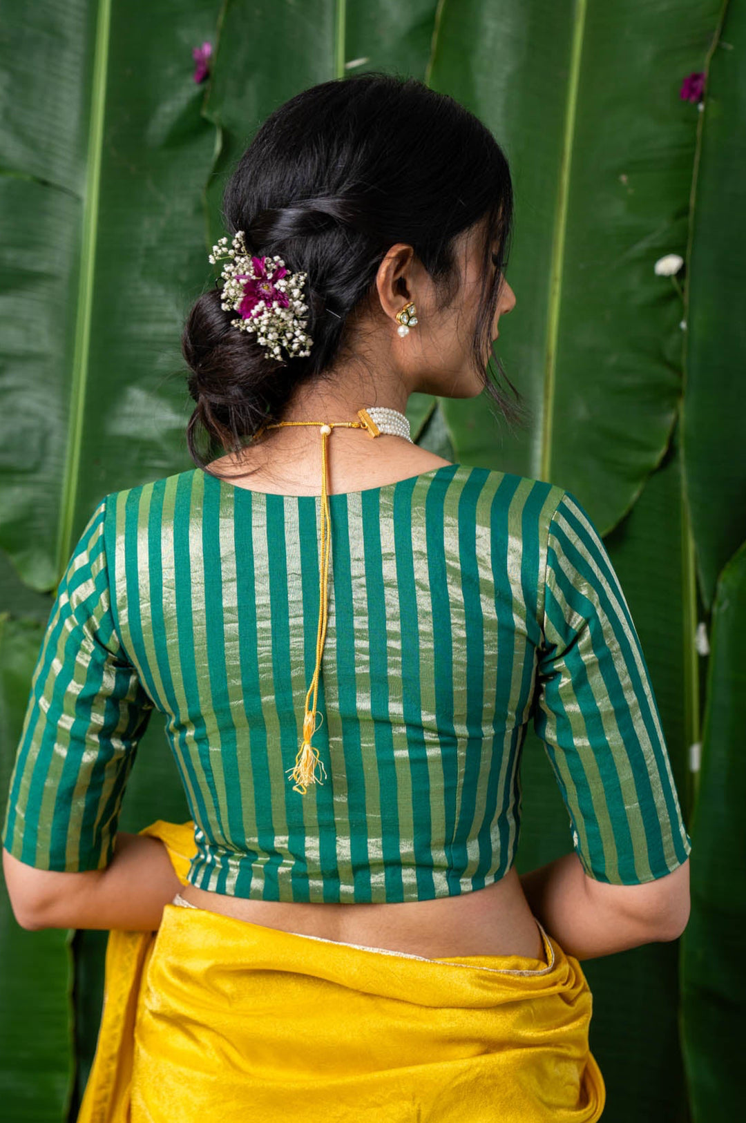 Ishya - Green Chanderi Striped Elbow Sleeve Blouse with V neck