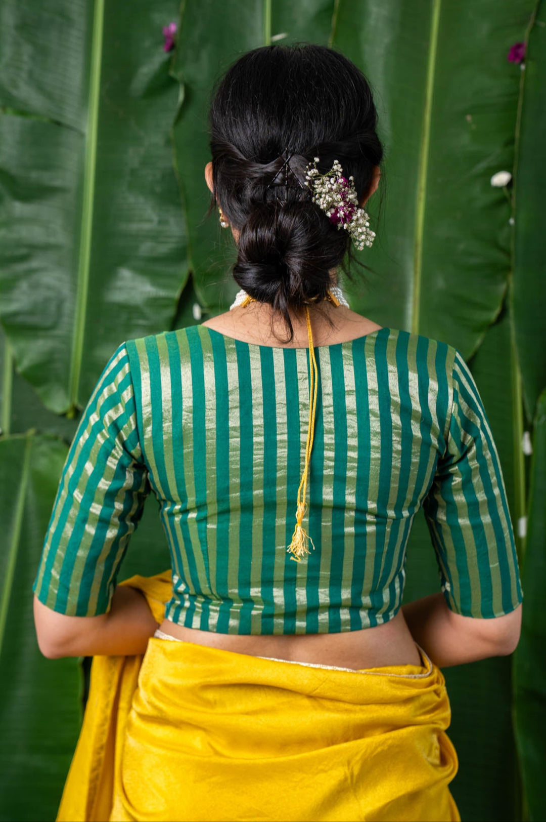 Ishya - Green Chanderi Striped Elbow Sleeve Blouse with V neck