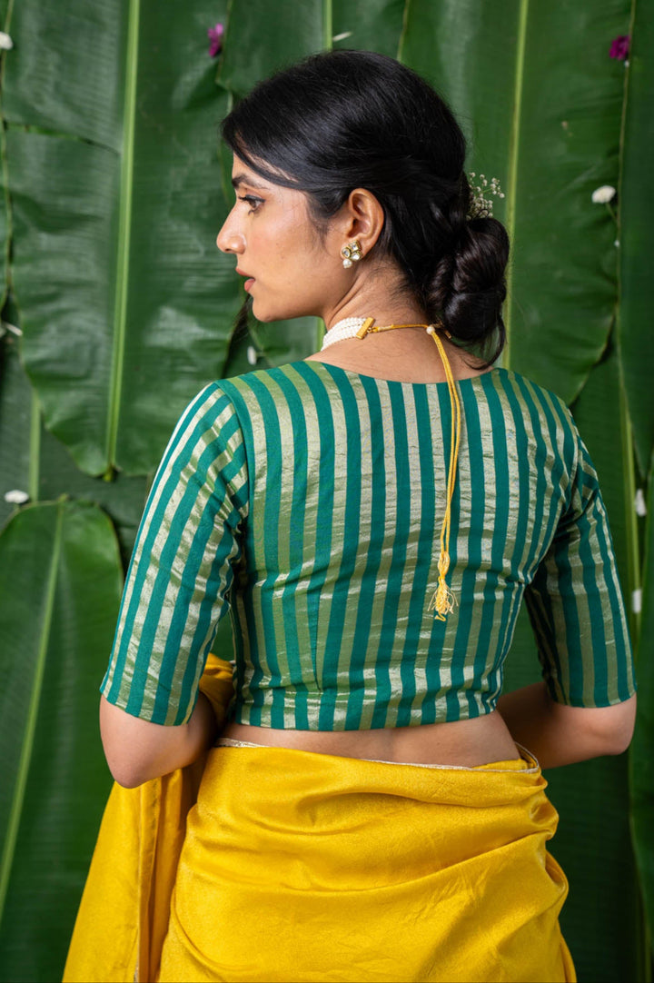 Ishya - Green Chanderi Striped Elbow Sleeve Blouse with V neck