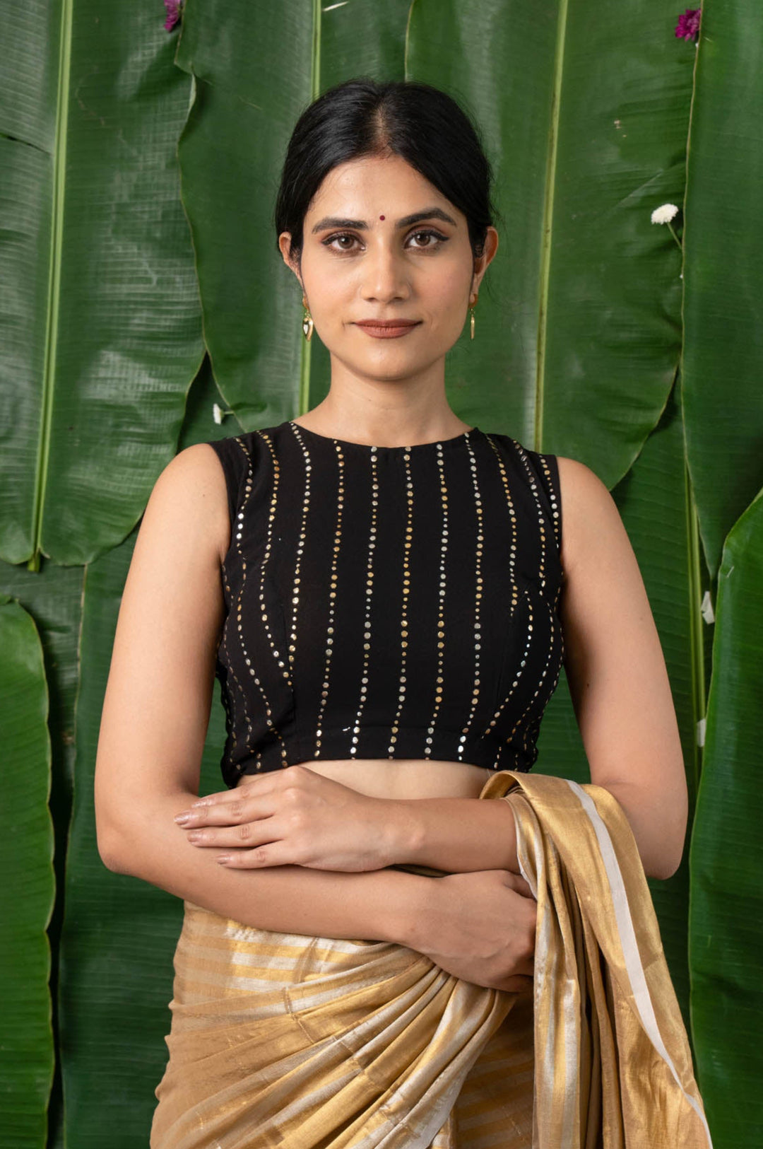 Raina - Black Georgette Sequins Sleeveless Back Open Blouse