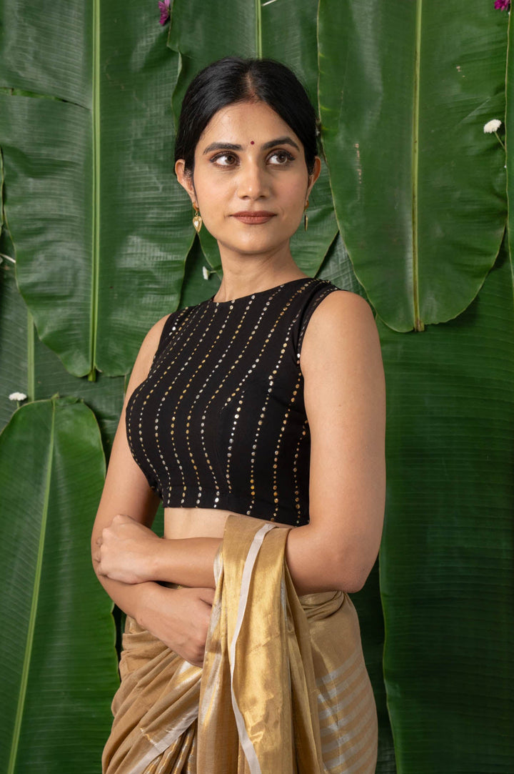Raina - Black Georgette Sequins Sleeveless Back Open Blouse