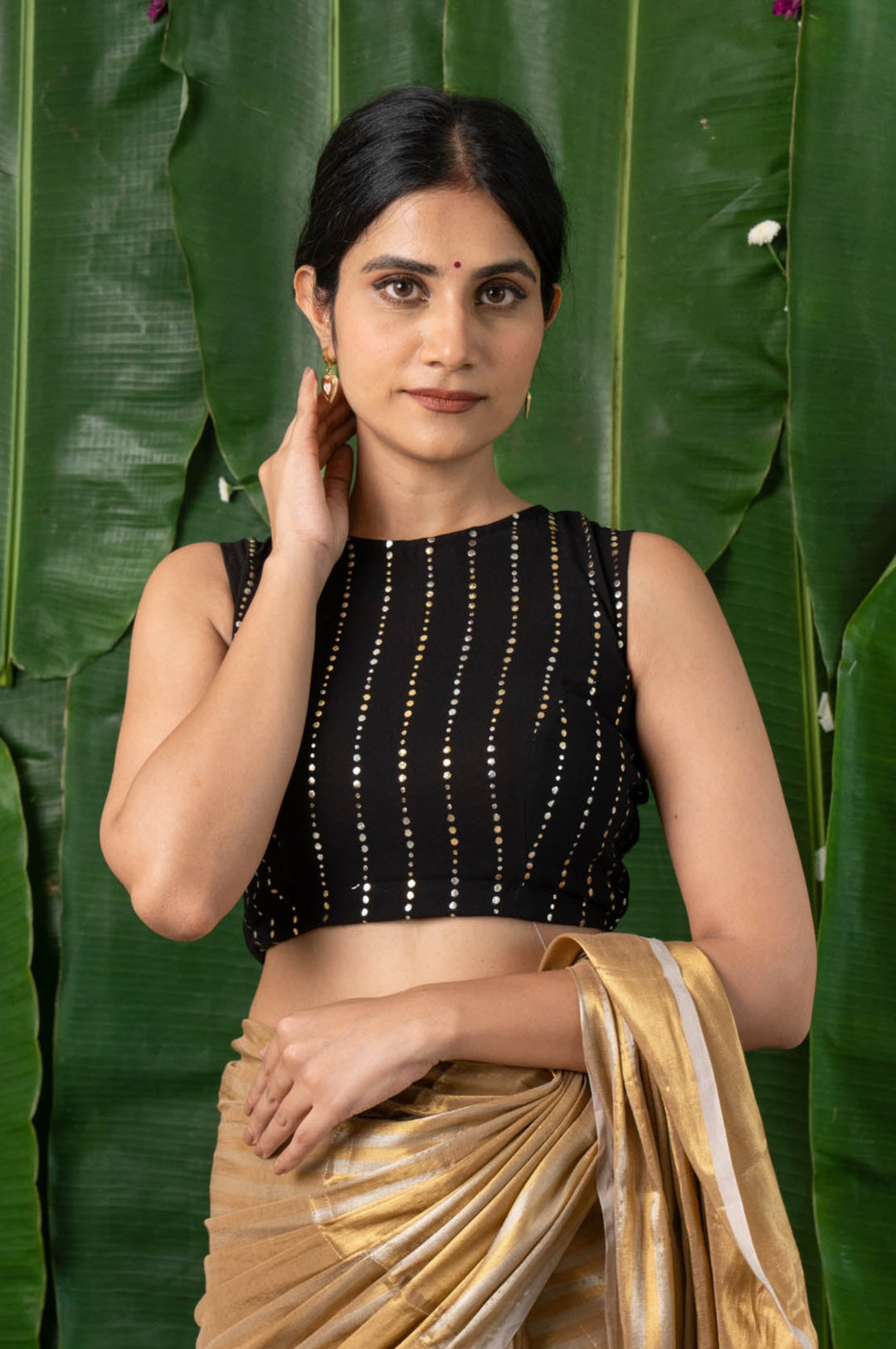 Raina - Black Georgette Sequins Sleeveless Back Open Blouse