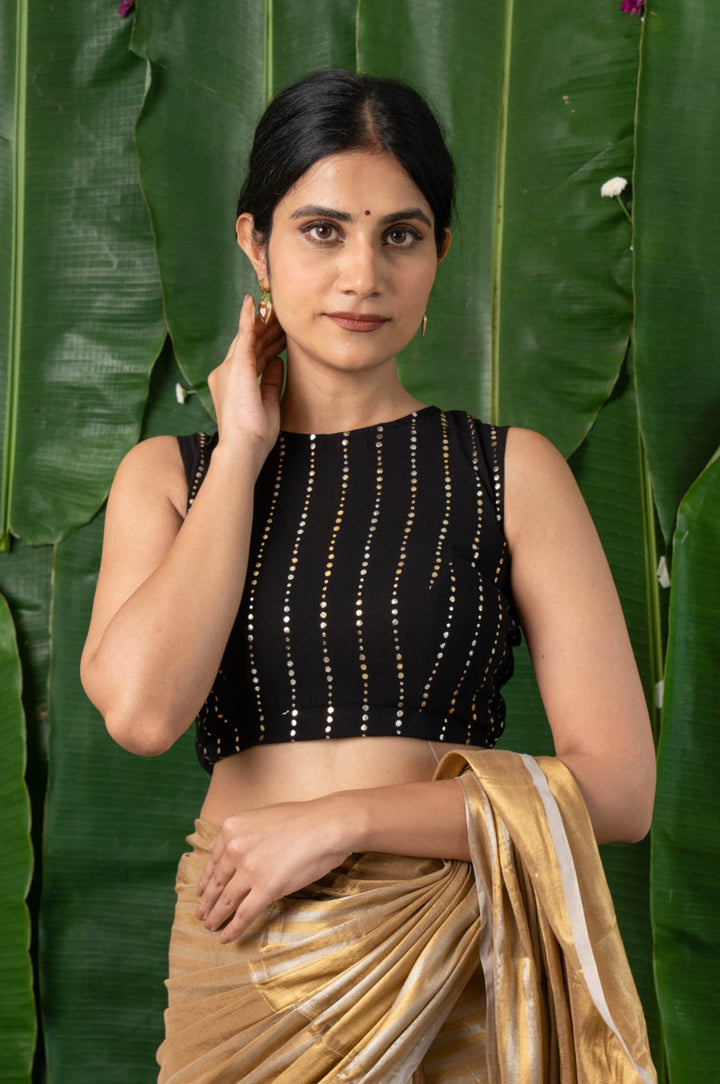 Raina - Black Georgette Sequins Sleeveless Back Open Blouse