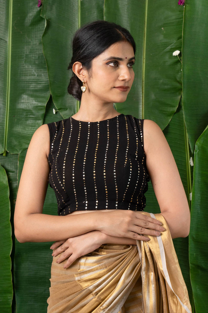 Raina - Black Georgette Sequins Sleeveless Back Open Blouse