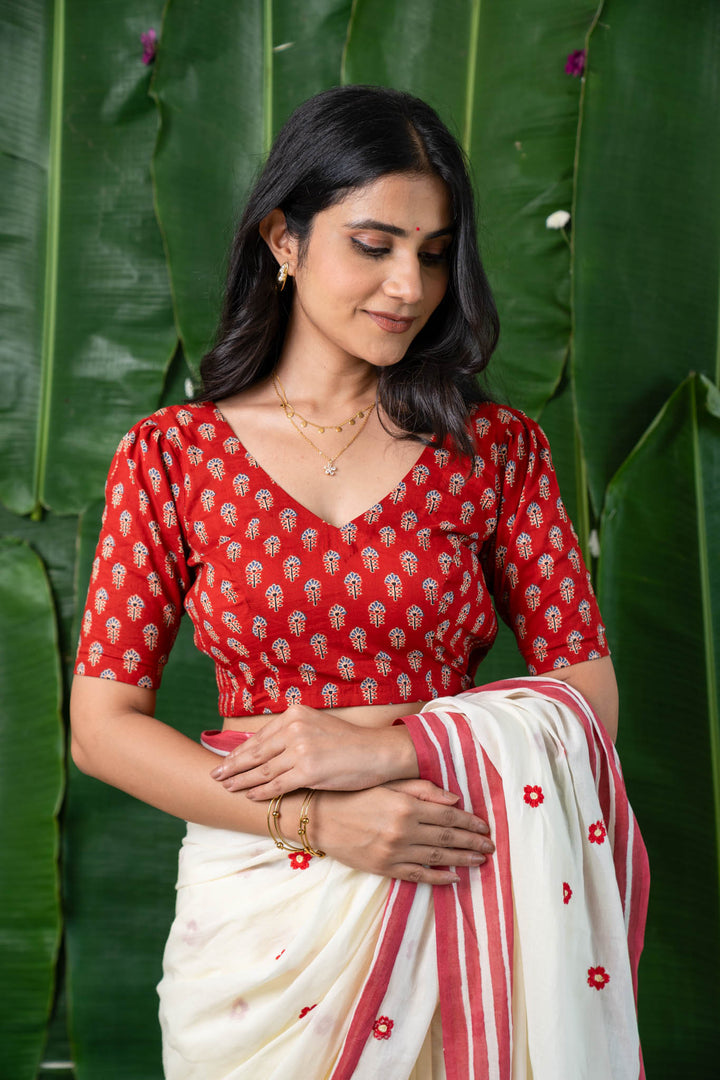 Vasudha - CurveFit Stretchable Cotton Red Printed Blouse