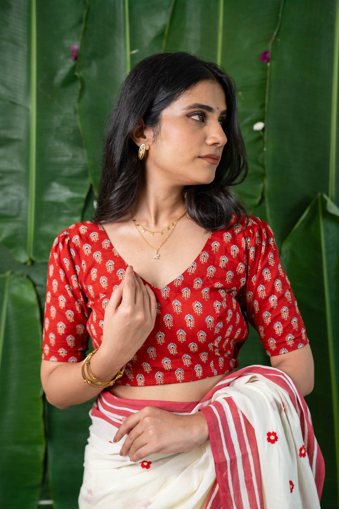 Vasudha - CurveFit Stretchable Cotton Red Printed Blouse