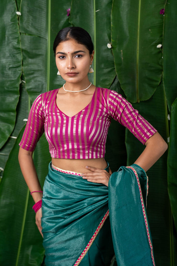 Indira - Pink Chanderi Striped Elbow Sleeve Blouse with V neck