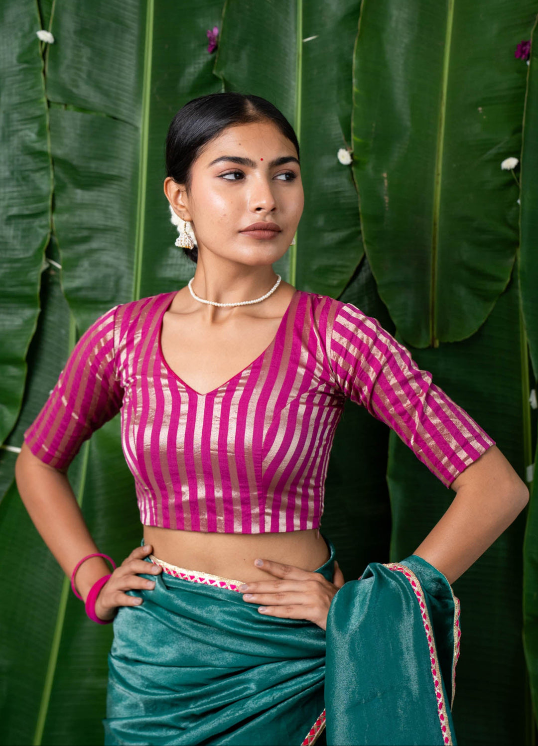 Indira - Pink Chanderi Striped Elbow Sleeve Blouse with V neck