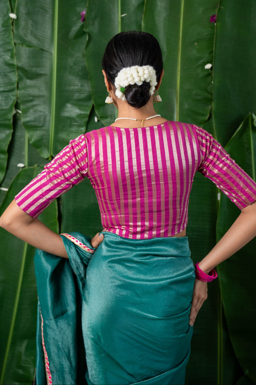 Indira - Pink Chanderi Striped Elbow Sleeve Blouse with V neck