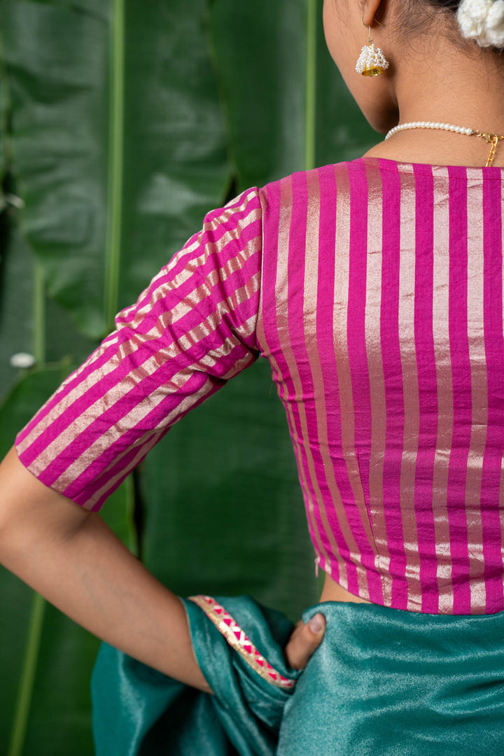 Indira - Pink Chanderi Striped Elbow Sleeve Blouse with V neck