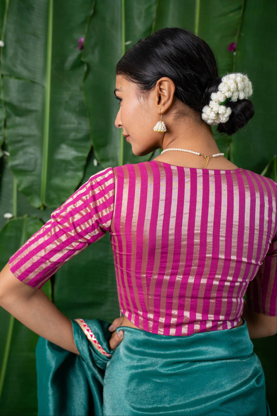 Indira - Pink Chanderi Striped Elbow Sleeve Blouse with V neck