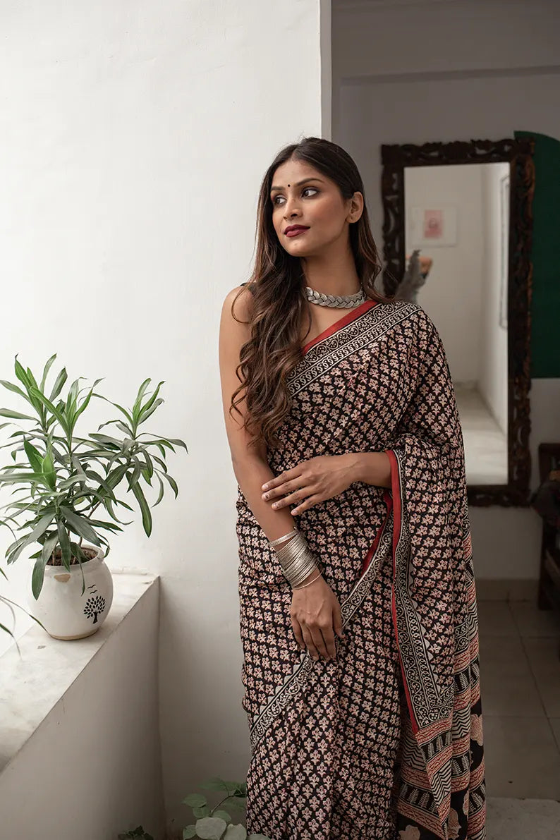 Floral Forage - Hand Block Print Mulmul Cotton Bagru Saree