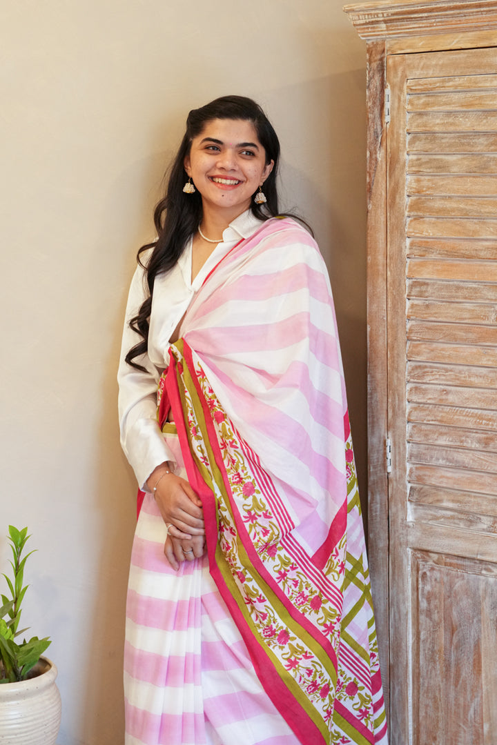 Garden of Grace Hand Block Print Mulmul Cotton Saree