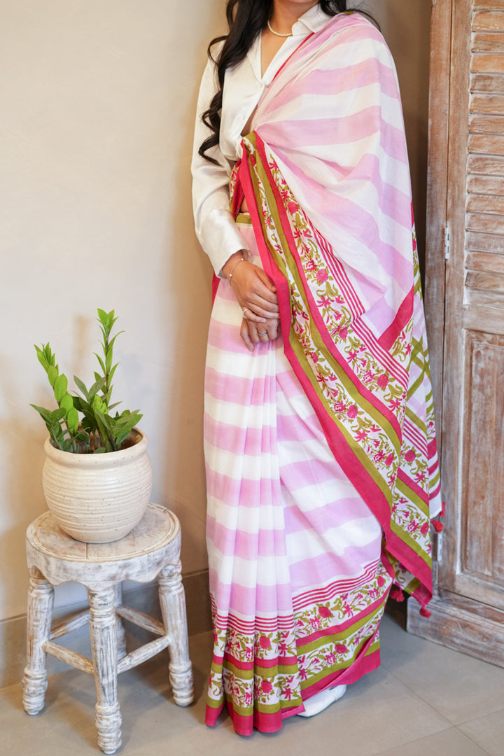 Garden of Grace Hand Block Print Mulmul Cotton Saree